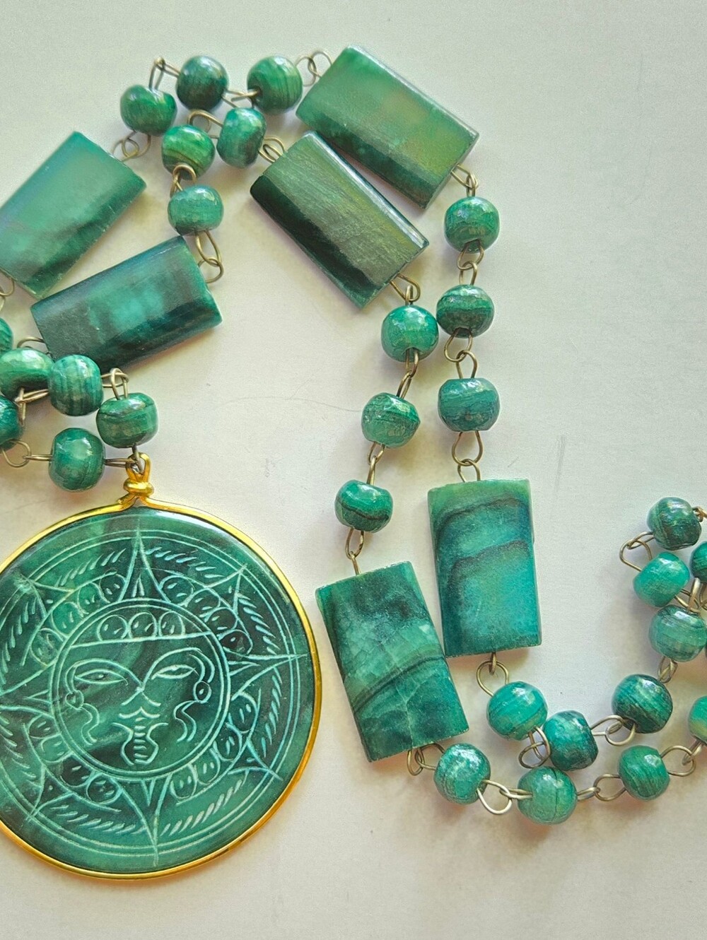 Mexican Jade Carved Mayan Aztec Beaded Necklace Malachite Onyx